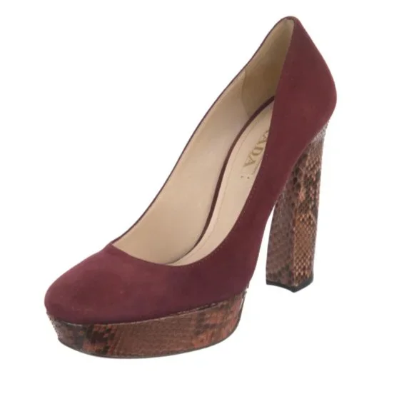 Prada NEW Authentic Burgundy Suede Platform Block Heels with Snakeskin Detail - Picture 3 of 14